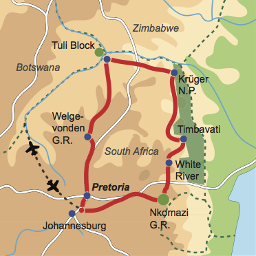 Karte und Reiseverlauf: Off the beaten track - Mietwagen-Safari nördliches Südafrika und Botswana