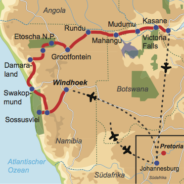 Karte und Reiseverlauf: Vom Wüstensand zum „Rauch, der donnert“ - Mietwagenreise durch den Caprivi-Strip zu den Viktoria Fällen