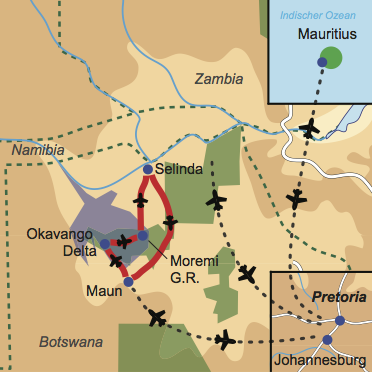 Karte und Reiseverlauf: Wilderness und Inselträume - Flugsafari Safari Botswana mit Badeaufenthalt Mauritius