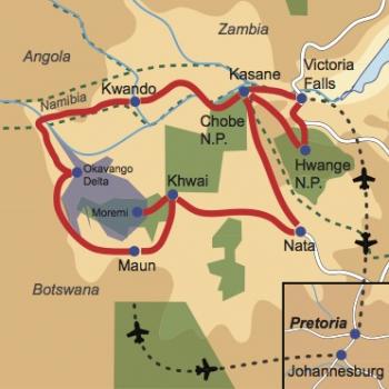 Karte & Reiseverlauf: Botswana Wildlife Breakaway -Kleingruppenreise durch Zimbabwe, Botswana und Namibia